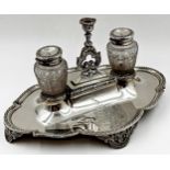 Good quality Victorian silver desk standish, fitted with two glass inkwells and a taper stick,