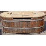 A good coopered barrel bath tub/planter with removable lid and drainage hole, 64cm high x 160cm long