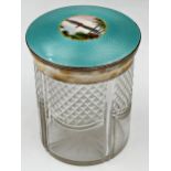 Good 1920s silver and guilloche enamel lidded cut glass jar, the lid centrally decorated with an