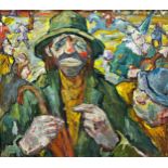 20th century school - Portrait of a clown surrounded by other clowns in a circus, oil on canvan,