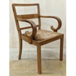 A good and unusual Art Deco burr walnut veneered carver or bridge chair with scrolled arms and