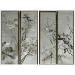 Set of four Chinese silk pictures of bird amidst foliage, each 100 x 24cm, framed