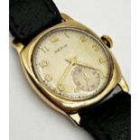 Vintage gents 9ct Hefik dress watch, champagne dial with gilt Arabic numerals, subsidiary second