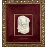 19th century French marble bust carving of a crying baby, within a velvet cushion gilt wood frame,
