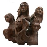 Tony Basil (20th century) - Wooden sculpture of ten entwined female heads, the plated hair to one