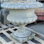 A large good quality cast composition stone garden urn with circular lobed bowl on plinth, 68 x 74cm