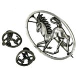 George Bellamy for Tarrot - silver brooch pierced with a unicorn, 5 x 3.5cm, with a pair of earrings