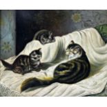 Jan Mortel (b. 1906) - Three cats, signed, primitive oil on panel, 23 x 29cm,framed