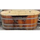 A good coopered barrel bath tub/planter with removable lid and drainage hole, 64cm high x 160cm long