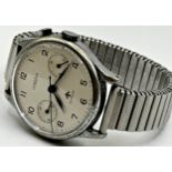 Vintage Lemania Incabloc chronograph chrome and stainless steel military wristwatch, silvered dial