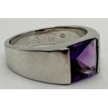 Cartier Tank 18k white gold and amethyst ring, signed Cartier 1997 and G78249, size O, 10.1g, boxed,