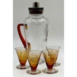 Five piece glass punch or lemonade set, with jug and four flared glasses all etched with a