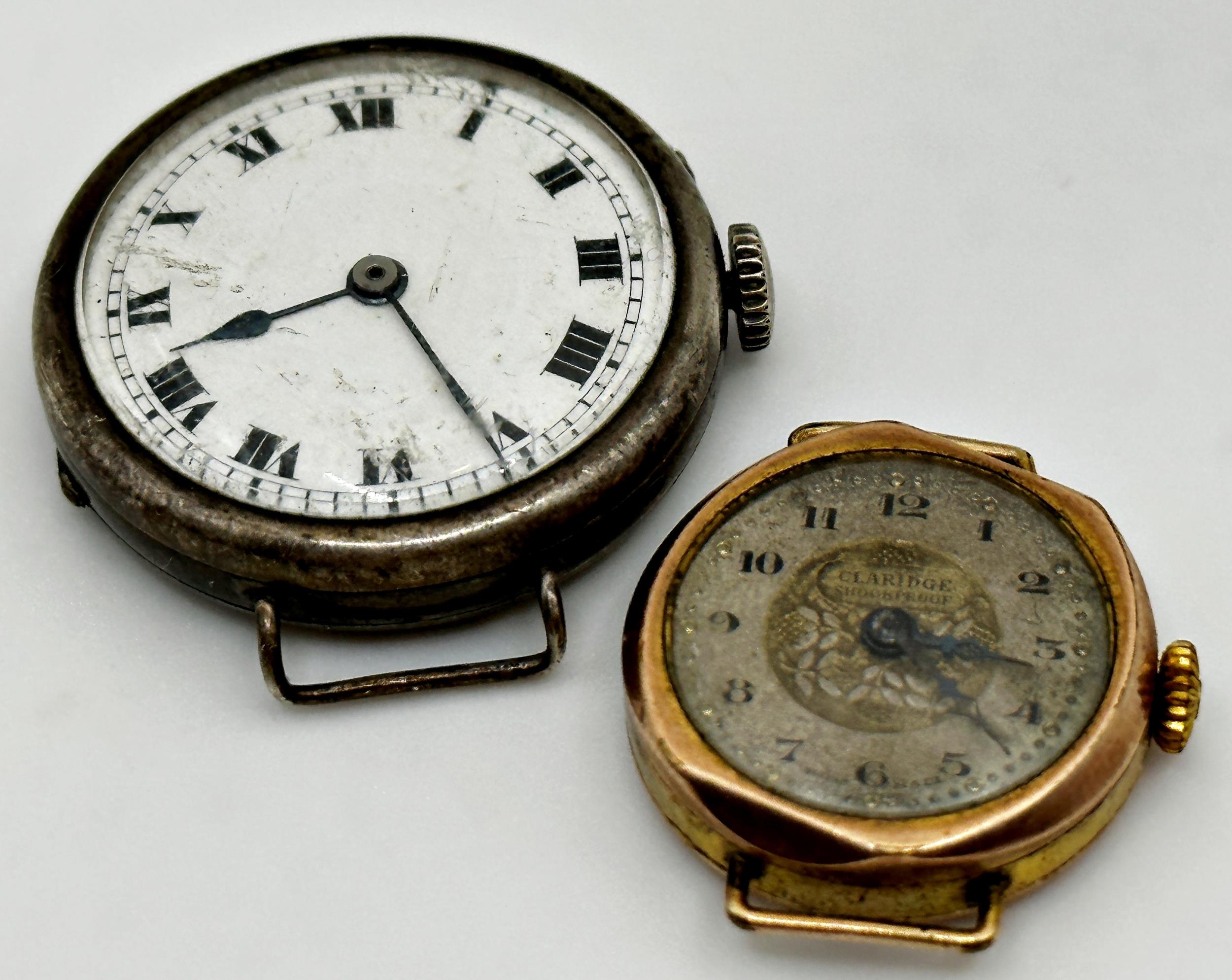 1920s 9ct gold cocktail watch by Claridge, with a further silver lug watch, 30g gross
