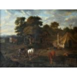 19th century school - a rural farmyard landscape with figures, horses, cattle and pigs, unsigned