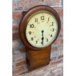 19th century railway single fusee drop dial wall clock, the painted enamel dial with Arabic numerals