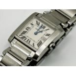 Cartier Tank Francaise mid-size stainless steel wristwatch, white dial with Roman numerals, blue