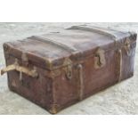 Good vintage lathe-bound leather trunk with fitted shelved interior, 34cm high x 78 wide x 48cm