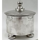 Norwegian '830' silver lidded jar by Masse, gilt interior and three bun feet, 16.5cm high, 13oz