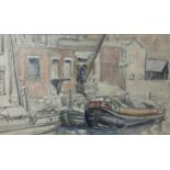 Ida Simpson (1898-1977) - The Wharf, unsigned, watercolour, 24 x 42cm, framed