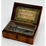 Late 19th century birdseye maple and rosewood musical snuff box, play four airs, 12.5cm long,