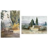 Filippo Anivitti, (1876-1955, Italian) - Two Italian palace garden landscapes, signed, watercolours,