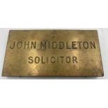 Inscribed brass plaque 'John Middleton, solicitor', believed to be the great great grandfather of