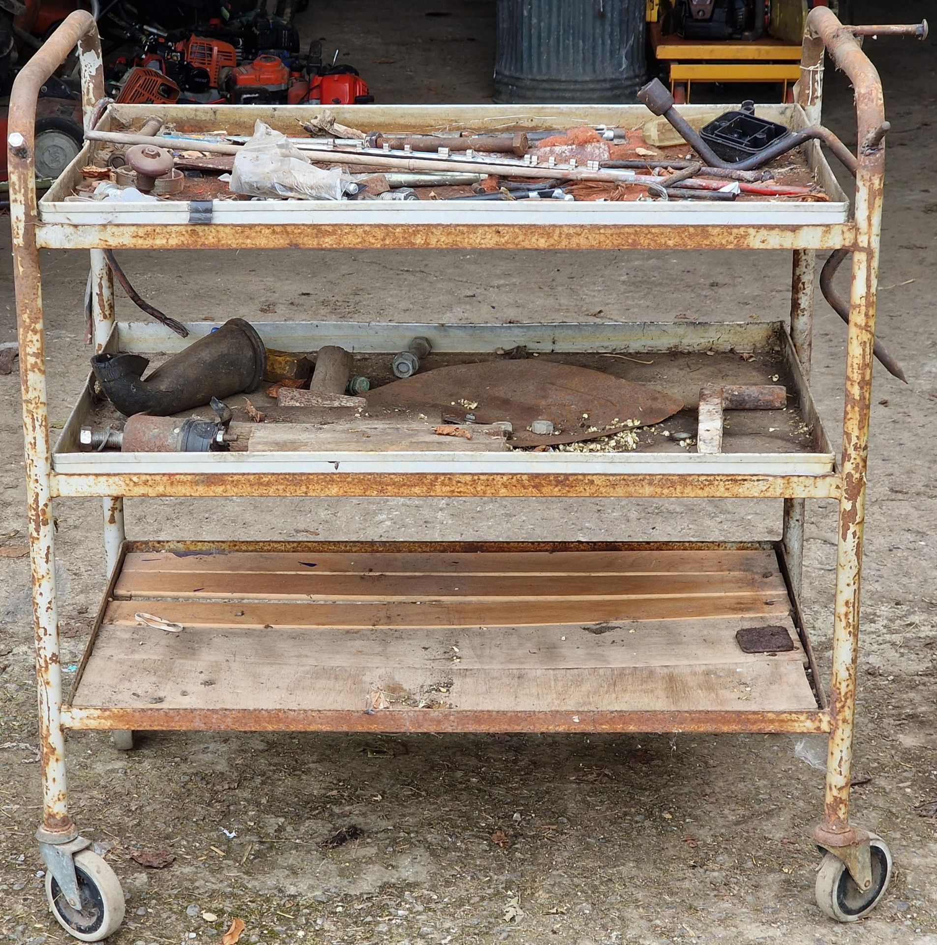 Vintage industrial three tier trolley complete with two removable trays, 93 x 86 x 53cm