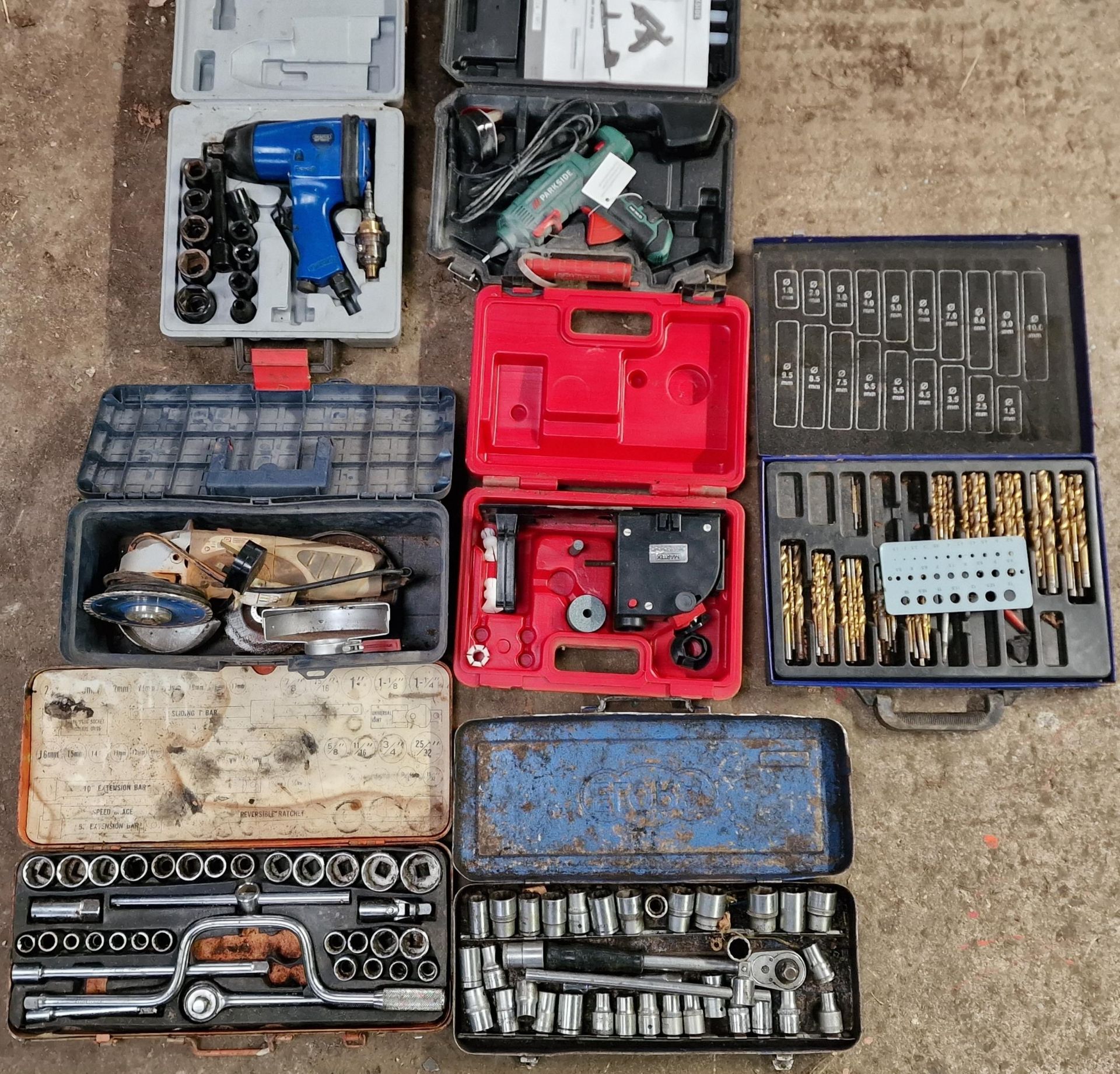 Large collection of useful tools to include, socket sets, drill bits, parkside glue gun, rivets,