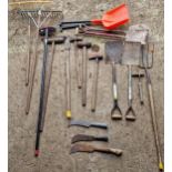 Collection of hand tools to include spades, sledgehammers, billhooks etc