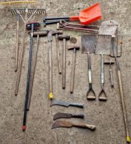 Collection of hand tools to include spades, sledgehammers, billhooks etc