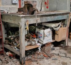 Vintage industrial workbench with zinc cladded top, fitted with a bench vice and under shelf sold