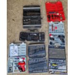 Collection of cased tools to include, hydraulic nut splitter, socket set, soldering guns, drill bits