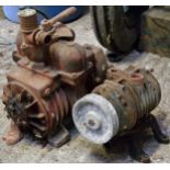 Two vintage water pumps together with a vintage belt drive machine (incomplete) (3)