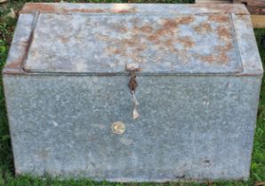 Vintage galvanised feed bin with rivetted edges and rising lid