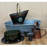 Mixed collection of antique and later metal ware to include a painted scuttle, toleware