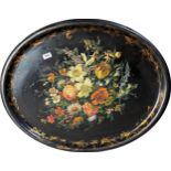 Victorian toleware oval tray with well painted floral bouquet and gilt highlights, 60 x 76cm (AF)