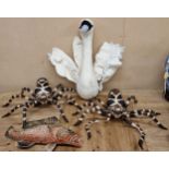 Mixed fun lot to include a felt swan wall mount with adjustable feathers, two large wooden spiders