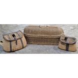 Antique wicker fish basket stamped "Champion Chemical Co" together with two wicker fishing creels (