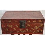 Antique Chinese red lacquered box, 28.5 x 71 x 46cm