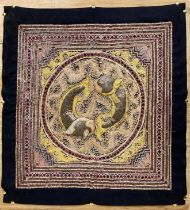Good quality eastern relief textile panel, with bead and sequin work, pinned to a board mount, 60