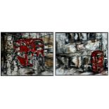 21st century school - pair of brutalist London scenes, unsigned, oil, each 39 x 48cm, framed (2)