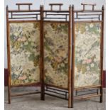 Antique bamboo three fold screen decorated with various birds and fruit, 98cm high