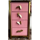 Novelty pink laminate bank of drawers with gilt metal supports and butterfly handles, 78cm high x