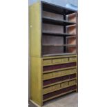 Vintage industrial steel dresser the shelved top over a bank of 24 drawers, 183cm x 99cm.