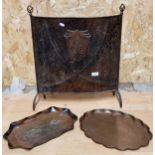 Arts and Crafts embossed copper fire screen 58cm high together with two Arts and Crafts copper trays