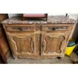 18th century French fruitwood marble top buffet, the moulded red-veined marble top over two