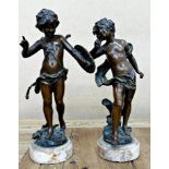 Pair of French bronzed spelter classical figures on marble plinth bases, 31cm high (2)