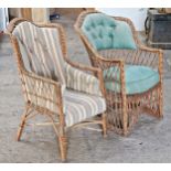 Four antique wicker chairs of various designs, three with upholstered seats and backs (4)