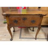 Good Antique walnut fold-over lowboy table, fitted with a deep drawer on cabriole legs, 72cm high