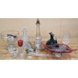 A large collection of antique and later glassware to include a green glass moon flask, good